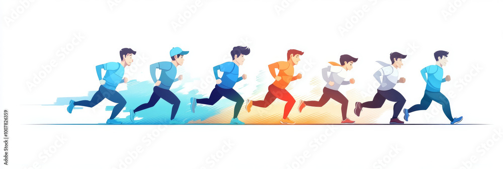 Fototapeta premium Seven men in various outfits run in a race, with a blue, orange, and white color scheme.