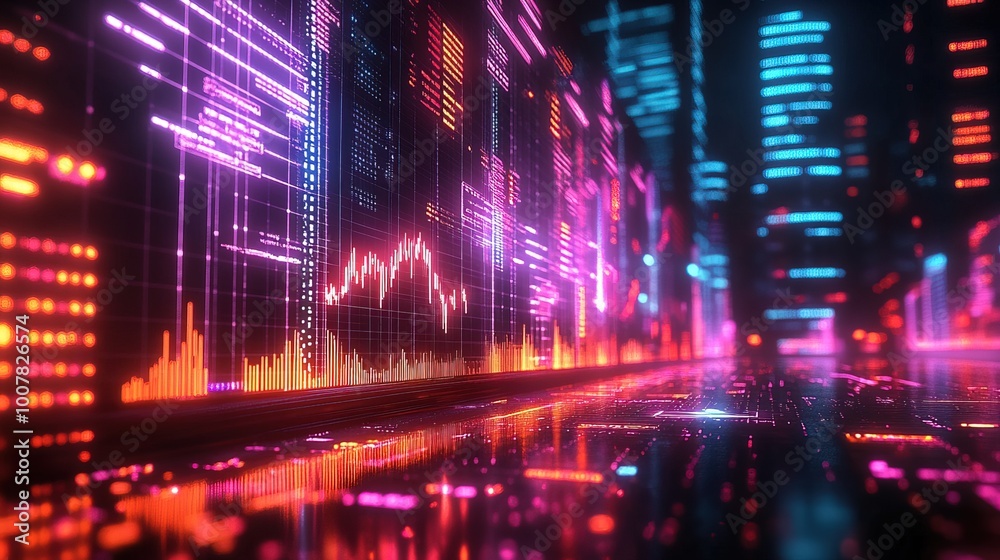 Fototapeta premium Neon-Lit Virtual Reality Stock Market Display Cityscape