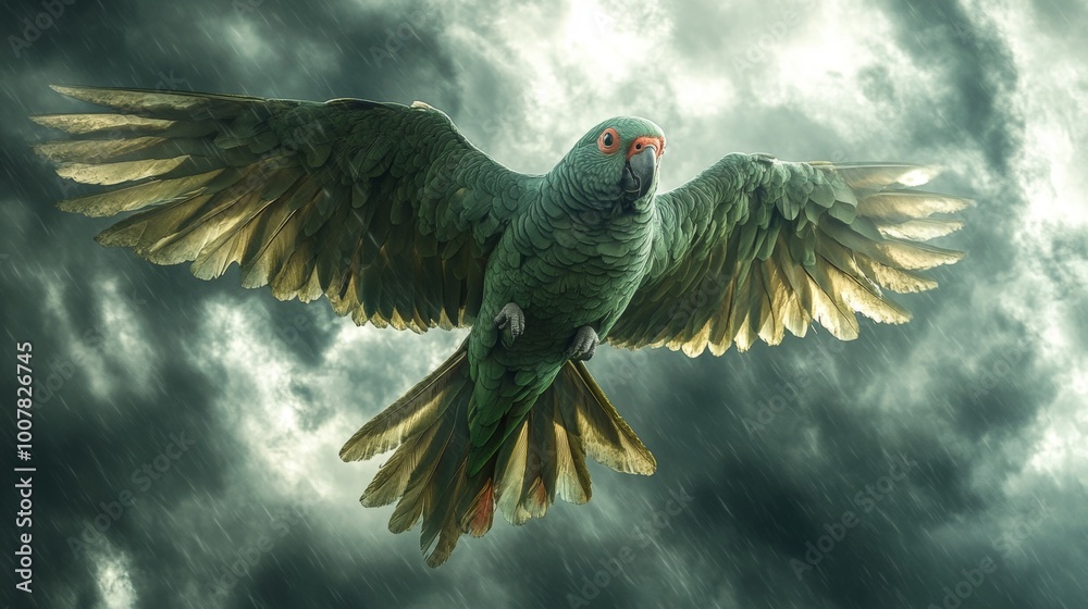 Fototapeta premium Green Parrot Soaring Through Stormy Clouds Bird Flight Rain Nature Photography