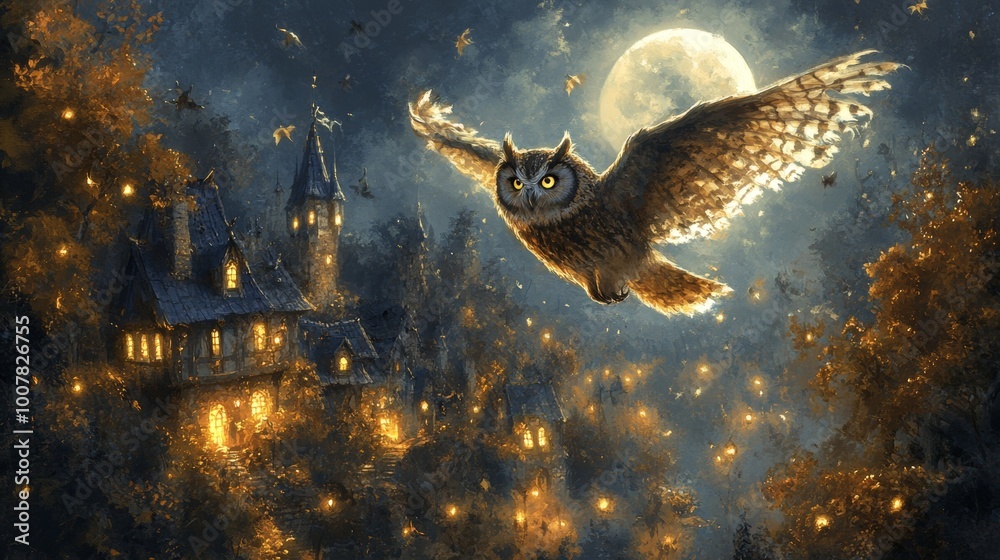 Obraz premium Enchanted Owl Flying Over Magical Village with Full Moon at Night