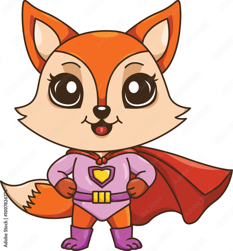 Fototapeta premium Cute Fox Animal Superhero Cartoon Drawing