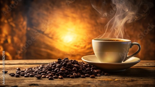 Warmly lit, rustic-style coffee cup filled with steaming hot brew, captured from the side, against a blurred,