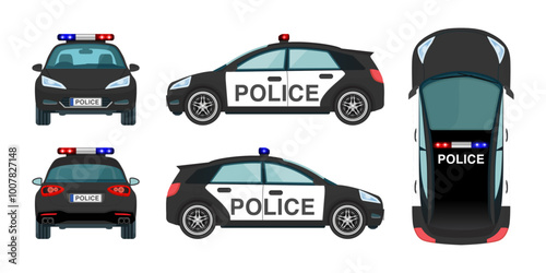 Police Car Mockup: Vector Front, Back, Top and Side Views with Flashing Lights, Siren, and Emblems. 