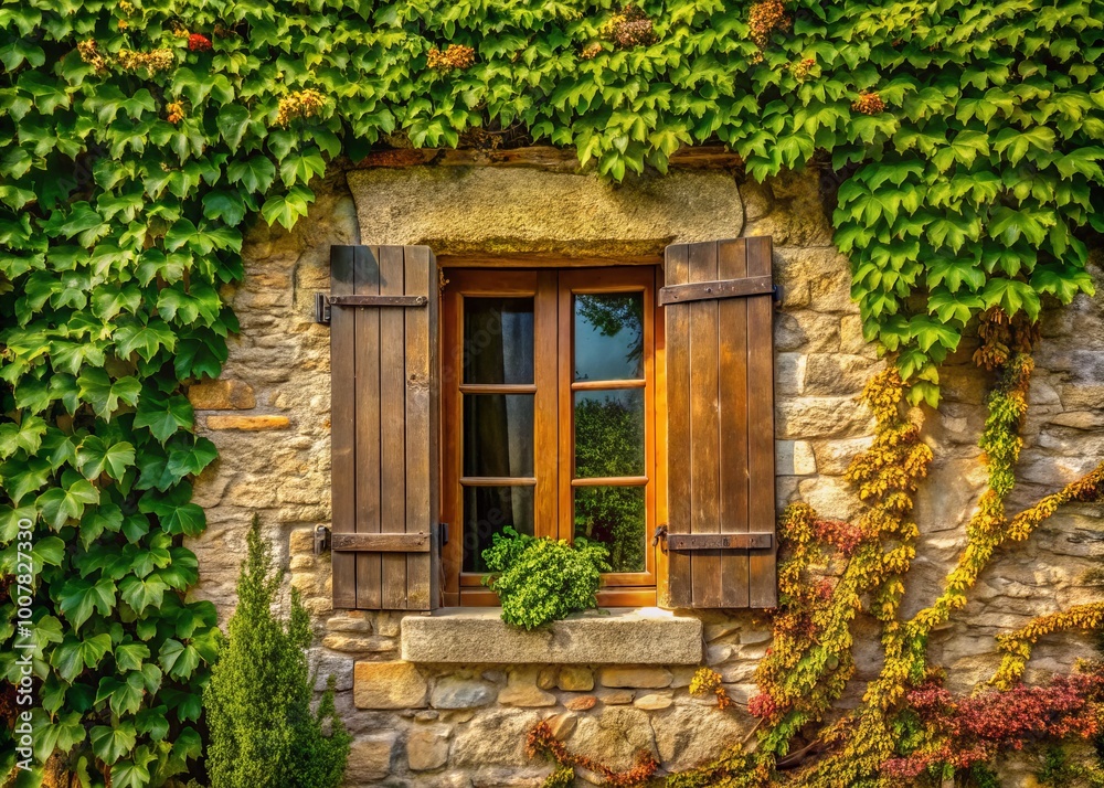 Nestled in Chateauneuf en Auxios, this ivy-draped window celebrates rustic charm while harmonizing with nature's Nestled in Chateauneuf en Auxios, this ivy-draped window celebrates rustic charm while harmonizing with nature's
