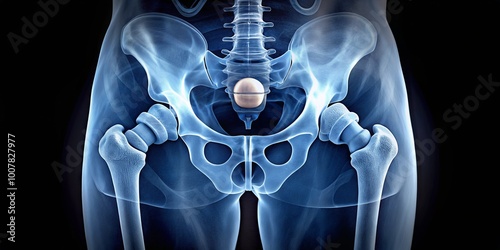 X-ray image of a human pelvis showing a replacement hip joint implant, with artificial ball and socket components photo