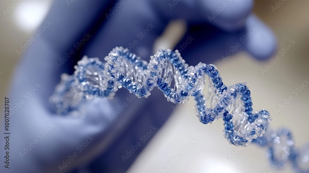 DNA Double Helix Model in Gloved Hand Scientific Research Concept DNA Double Helix Model in Gloved Hand Scientific Research Concept