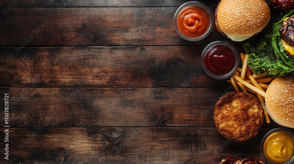 Celebrate National Fast Food Day with a spread of burgers, fries, and condiments on a rustic table Celebrate National Fast Food Day with a spread of burgers, fries, and condiments on a rustic table