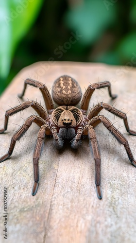 Fearsome Brazilian Wandering Spider with Deadly Neurotoxic Venom on Wooden Bark photo