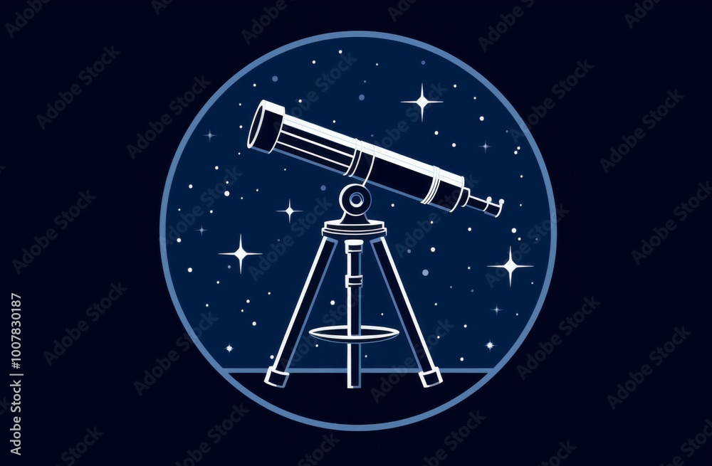 A simple flat vector logo of a telescope, set against a dark blue background filled with stars and galaxies. A simple flat vector logo of a telescope, set against a dark blue background filled with stars and galaxies.