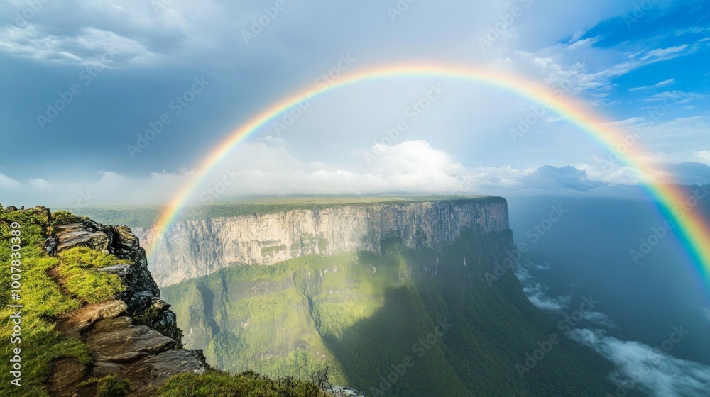 Fototapeta premium Rainbow Over Cliffs with Hikers, a breathtaking rainbow spans dramatic cliffs post-rain, silhouetted hikers embodying adventure and hope in the wilderness.