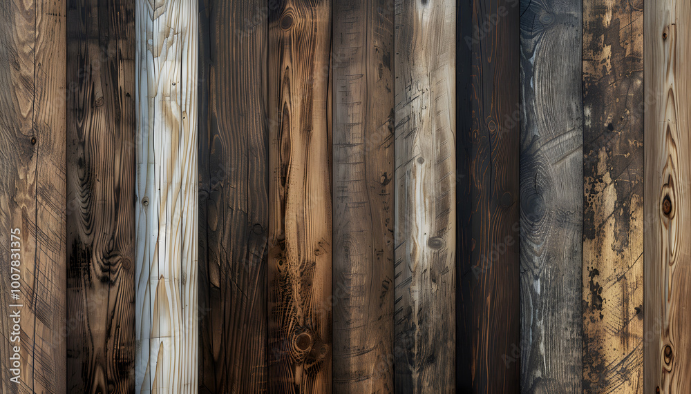 Fototapeta premium A diverse collection of wood planks showcasing various textures and shades, creating a rustic and warm atmosphere.