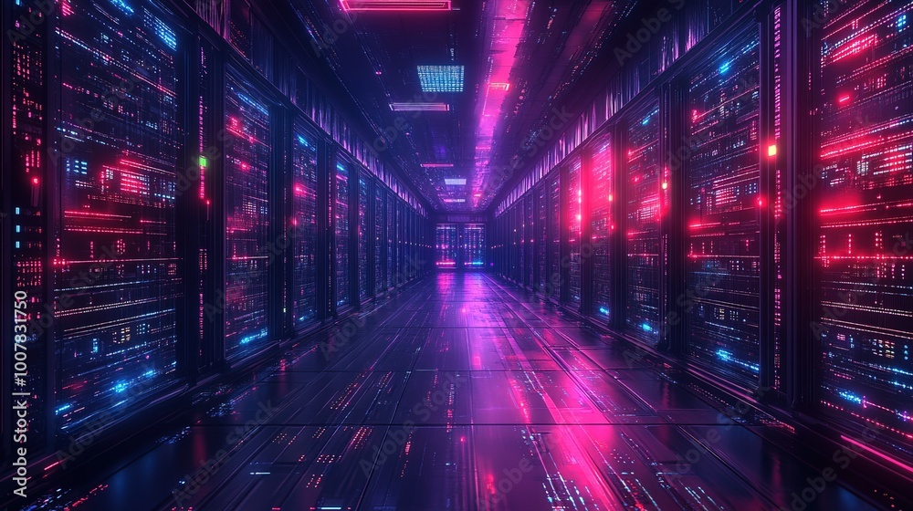 A high-tech corridor lined with servers, characterized by glowing data streams A high-tech corridor lined with servers, characterized by glowing data streams