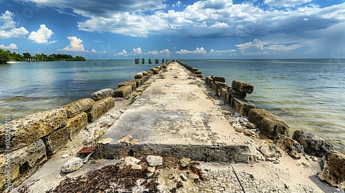 Fototapeta Naklejka Na Ścianę i Meble -  Old abandoned stone fishing pier on the coast of the Baltic Sea in Kolobrzeg.