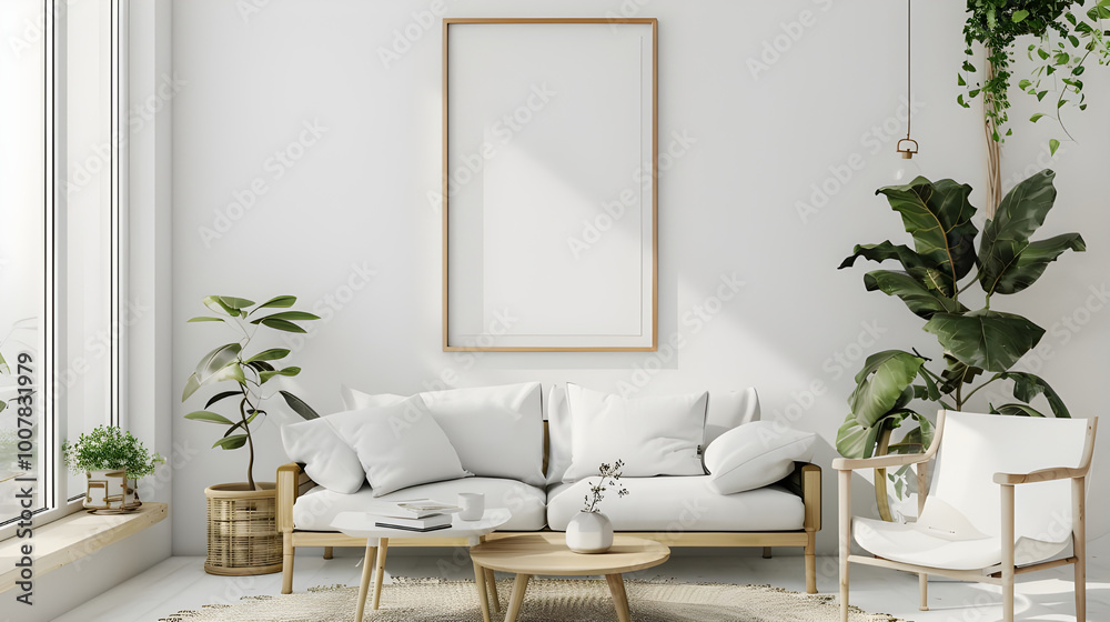 Minimalist living room with a blank canvas above a white sofa Minimalist living room with a blank canvas above a white sofa