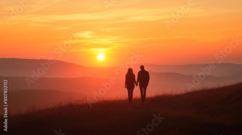 Romantic Sunrise Over Hills, A breathtaking dawn casts vibrant orange and pink across rolling hills, highlighting a couple's silhouette, symbolizing love and new beginnings.