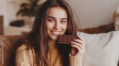 Young woman smiling while holding a chocolate bar in a cozy living room during the afternoon sunlight photo