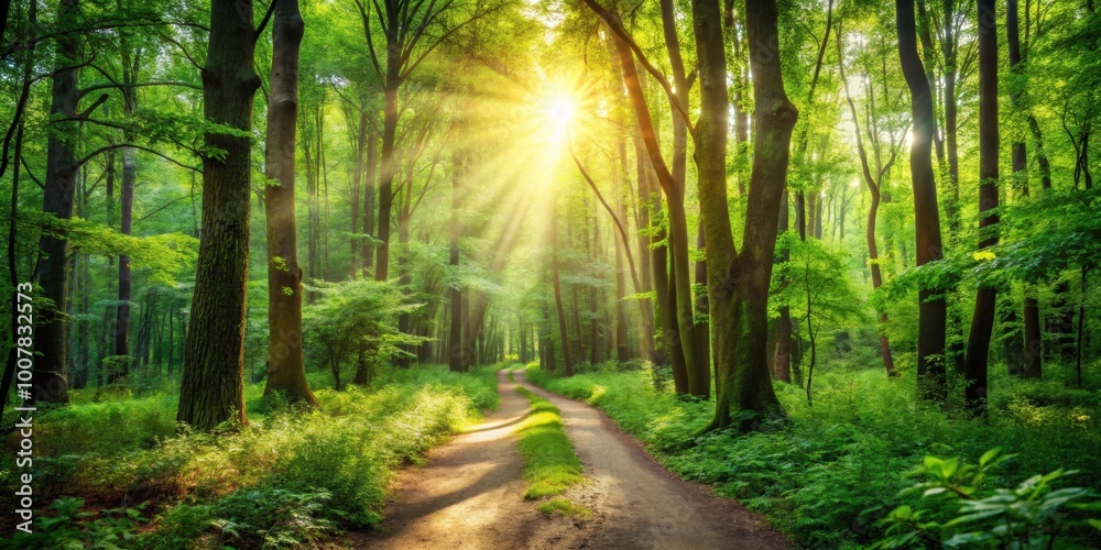 Fototapeta premium Hiking trail through lush forest with sunlight peeking through the trees, hiking, trail, nature, country, landscape