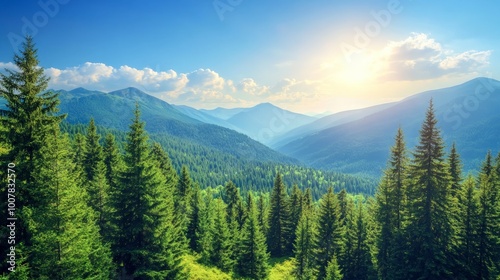 Sunny Bliss Over Pine Mountains, a vibrant scene showcasing clear blue skies above lush green pine-covered peaks, evoking joy and a sense of outdoor exploration.