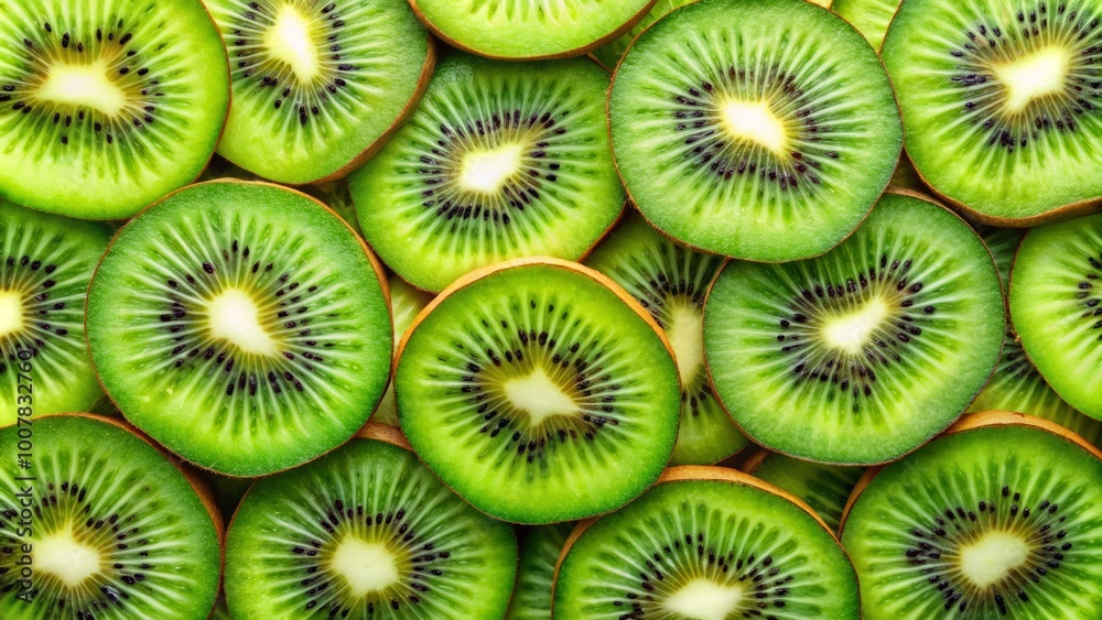 Sliced kiwi fruit creates a textured background, showcasing vivid green tones and unique patterns that emphasize the Sliced kiwi fruit creates a textured background, showcasing vivid green tones and unique patterns that emphasize the