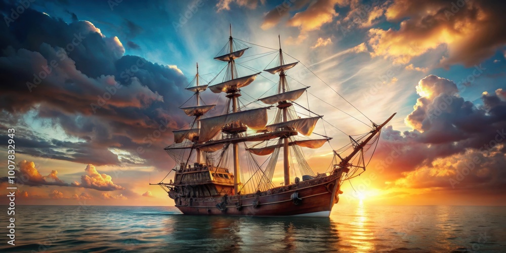 Obraz premium rendering of a realistic pirate ship on a background, pirate ship, rendering, background, sailing vessel, adventure