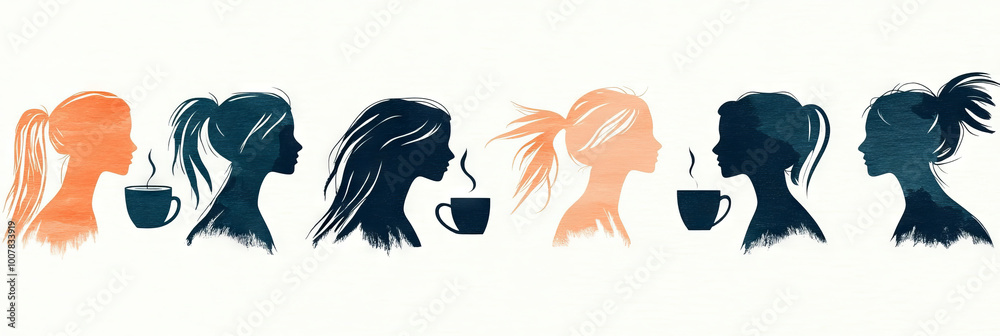 Fototapeta premium Silhouettes of six women enjoying a cup of coffee.