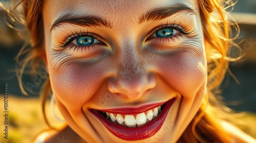 A beaming woman's face is photographed in close-up, her bright blue eyes shining in the warm sunlight, with gentle facial features and soft skin tones prominent against a soft, blurred background. photo