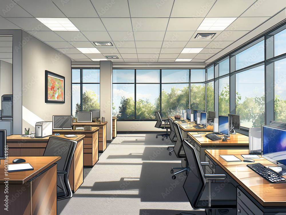 Expansive Corporate Office Environment with Rows of Desks and Large Windows Expansive Corporate Office Environment with Rows of Desks and Large Windows