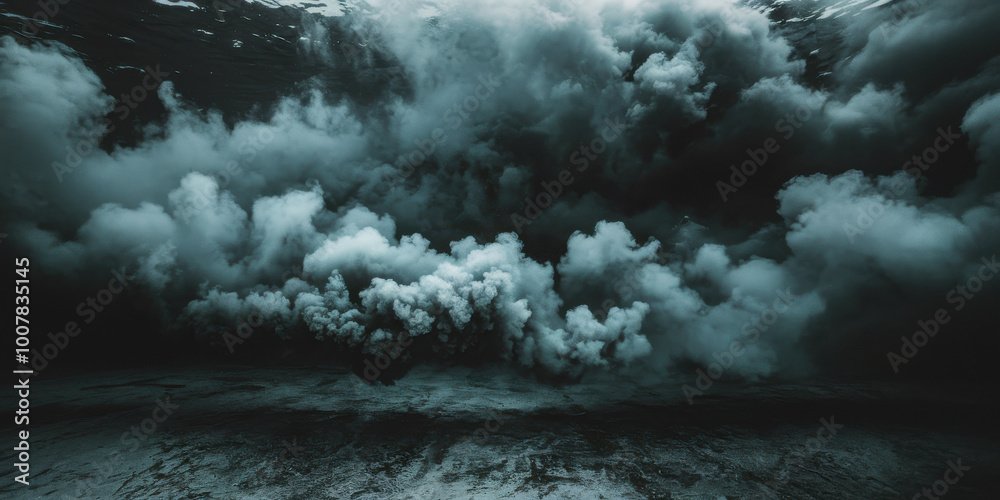 Underwater volcanic eruption emitting massive clouds of smoke in a dark, mysterious ocean setting. Underwater volcanic eruption emitting massive clouds of smoke in a dark, mysterious ocean setting.