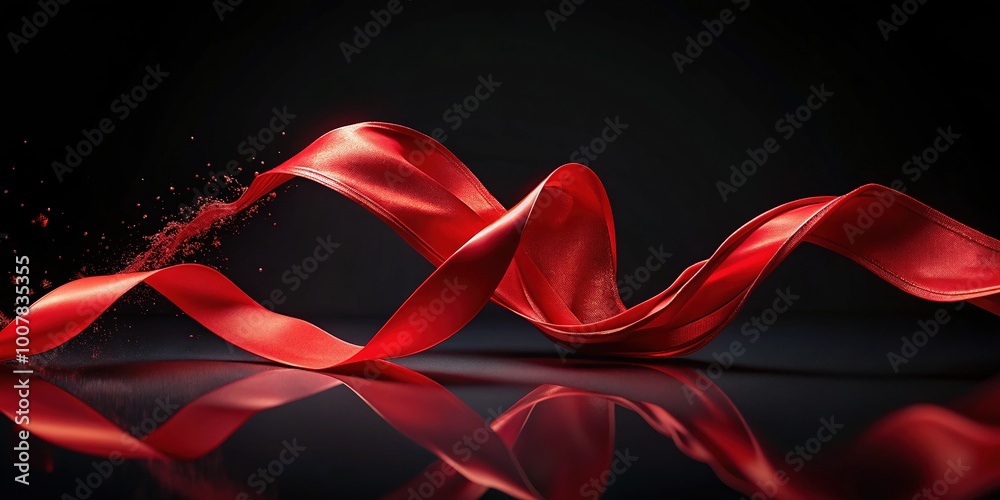 A graceful red ribbon elegantly glides across a deep black backdrop ...