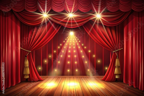 Theater stage gracefully draped in rich red curtains, vibrant spotlights casting radiant light, setting the scene for