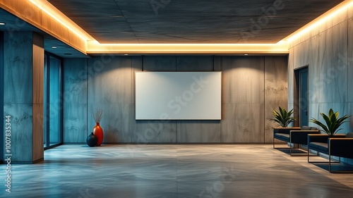 A generic concrete reception area with a sleek, minimalist aesthetic, features a blank poster board mounted on the wall, waiting for attention-grabbing graphics or information to be displayed.