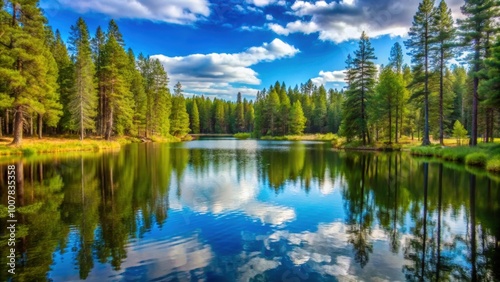 Tranquil lake nested in dense pine forest, Tranquil, lake, dense, pine, forest, trees, reflection, nature, scenic, peaceful