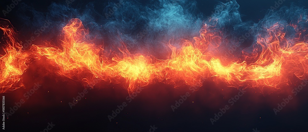 Abstract fiery background with swirling flames and blue smoke on a dark backdrop. Abstract fiery background with swirling flames and blue smoke on a dark backdrop.