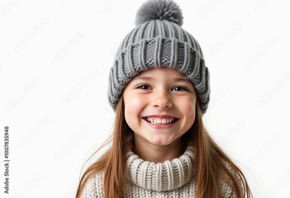 Smiling Girl in Winter Gear: A Studio Portrait of a Joyful Child Wearing a Cozy Hat and Sweater 