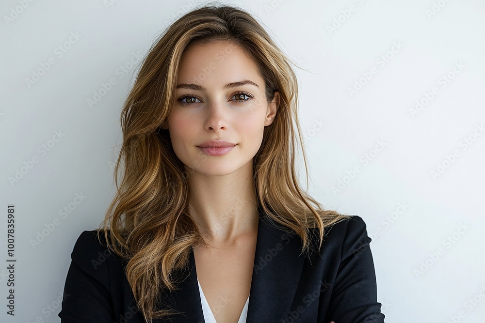 Portrait of a confident young woman with long brown hair wearing a black blazer and a white shirt, looking at the camera with a smile. Portrait of a confident young woman with long brown hair wearing a black blazer and a white shirt, looking at the camera with a smile.