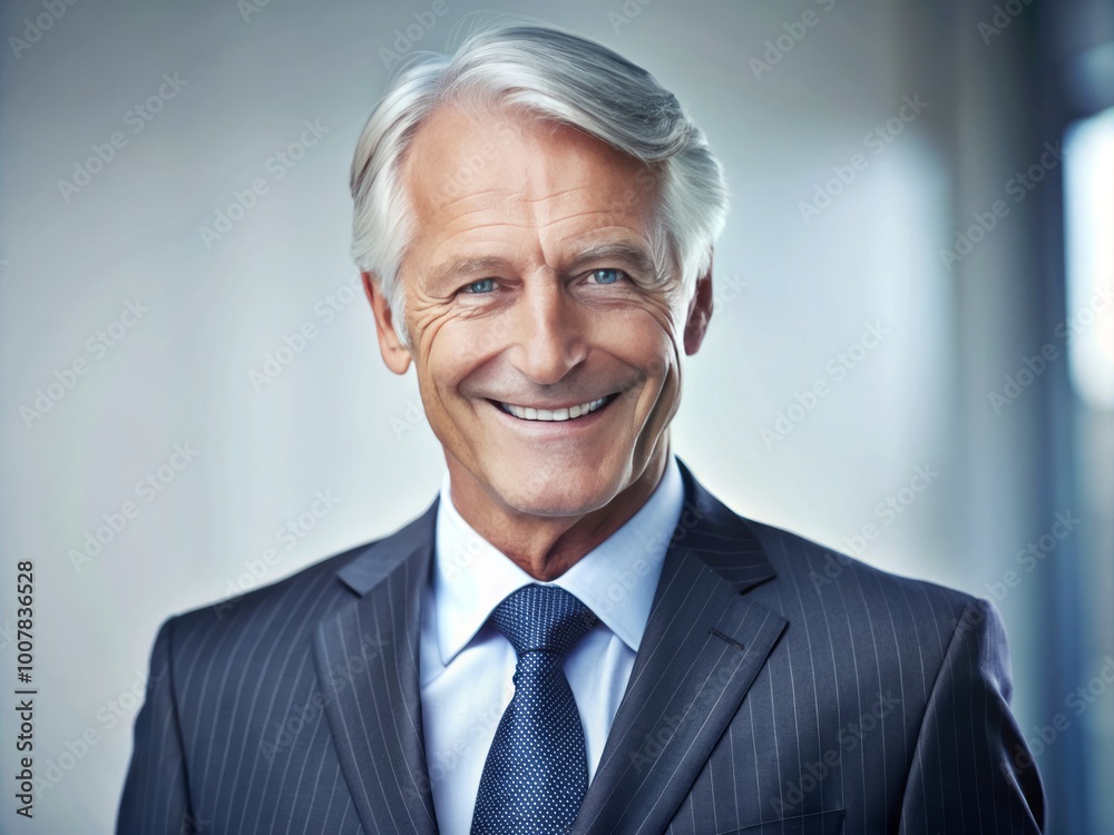 The portrait features a confident senior businessman in a tailored suit, smiling to showcase his professionalism and The portrait features a confident senior businessman in a tailored suit, smiling to showcase his professionalism and