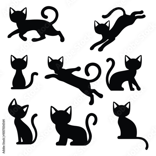 Black silhouette of Funny and Playful cats Bundle, set of animal silhouette isolated white background