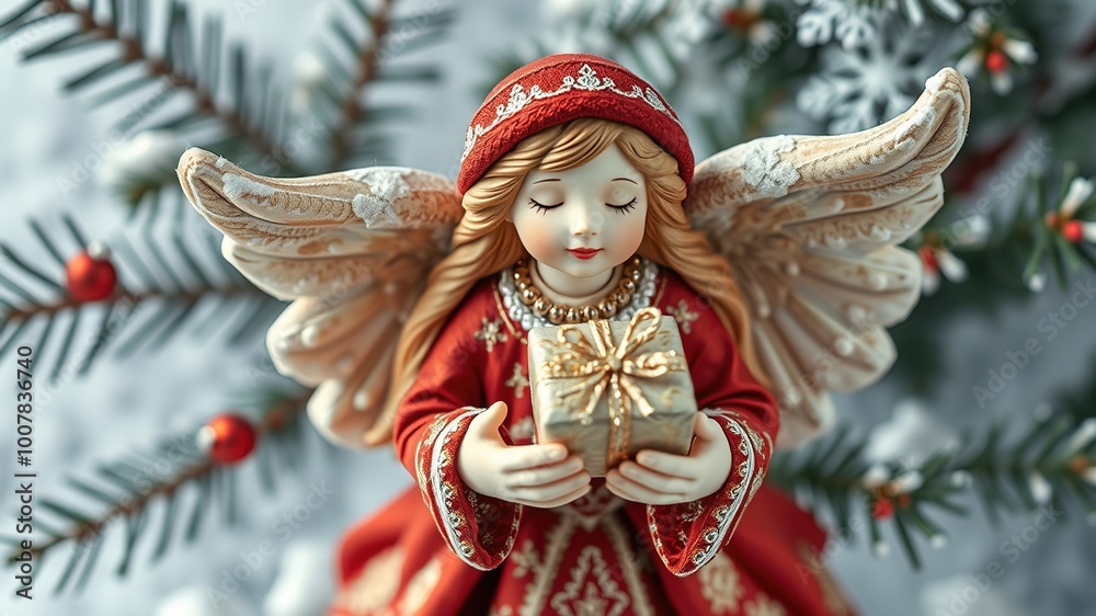 A serene and majestic angel figurine dons a crimson hat and intricately embroidered garb, cradling wrapped presents in sparkling hands amidst a backdrop of frosty snowflakes and evergreen branches. A serene and majestic angel figurine dons a crimson hat and intricately embroidered garb, cradling wrapped presents in sparkling hands amidst a backdrop of frosty snowflakes and evergreen branches.