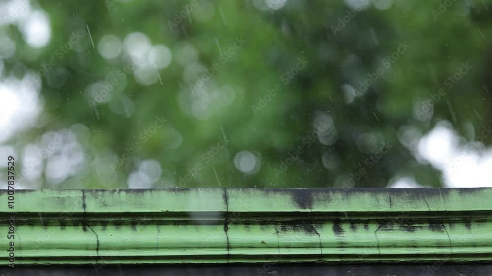 Rainwater falling on the roof of the house with a background of green leaves