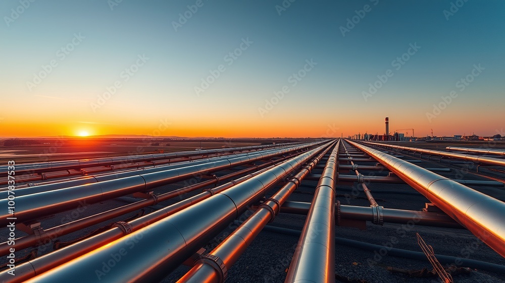 A sprawling network of pipelines stretches across the landscape, illuminated by the warm hues of a setting sun, transporting hydrogen gas within a state-of-the-art storage facility. A sprawling network of pipelines stretches across the landscape, illuminated by the warm hues of a setting sun, transporting hydrogen gas within a state-of-the-art storage facility.