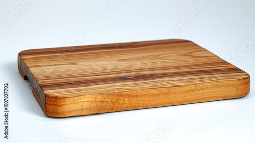 A sturdy wooden cutting board, worn smooth by time, sits alone on a transparent backdrop, its natural grain patterns and earthy color evoking warmth and rustic charm.