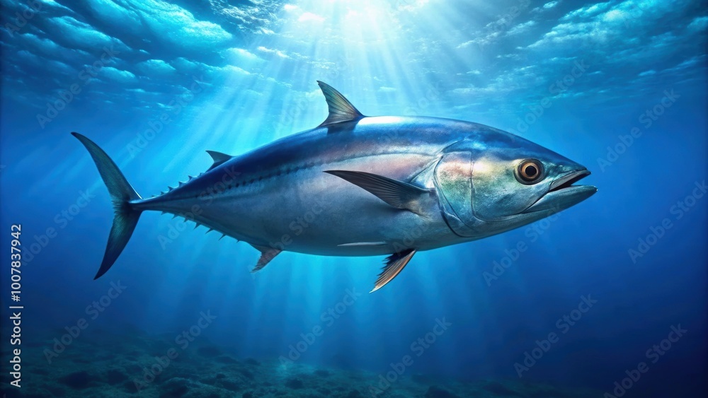 Naklejka premium Bluefin tuna swimming in clear blue ocean waters, bluefin tuna, thunnus thynnus