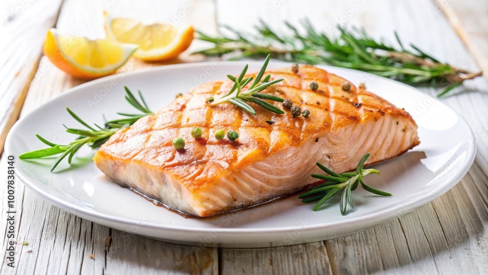 Grilled salmon steak with rosemary on a white plate, salmon, steak, grilled, food, seafood, delicious, meal, lunch, dinner Grilled salmon steak with rosemary on a white plate, salmon, steak, grilled, food, seafood, delicious, meal, lunch, dinner
