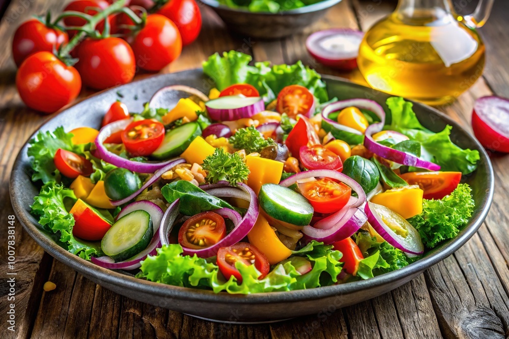 A vibrant salad overflowing with fresh vegetables drizzled in a zesty dressing, perfect for healthy eating and a burst of colorful flavors on your plate.