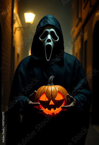 photo a man in a black cape and wearing horror mask, holding a halloween pumpkin