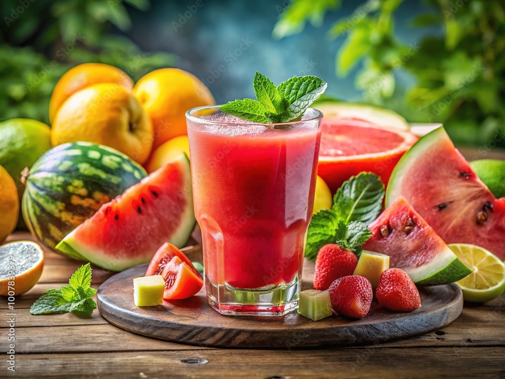 Chilled watermelon juice paired with a variety of fresh fruits creates a delightful and vibrant summer drink that tantalizes the taste buds. Enjoy the refreshment! Chilled watermelon juice paired with a variety of fresh fruits creates a delightful and vibrant summer drink that tantalizes the taste buds. Enjoy the refreshment!