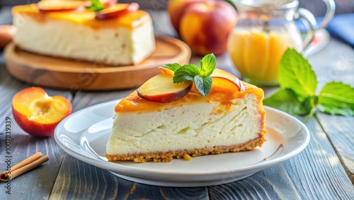 Cottage cheese casserole zapekanka with peach, sour cream and honey on a plate. Sweet breakfast cheese cake