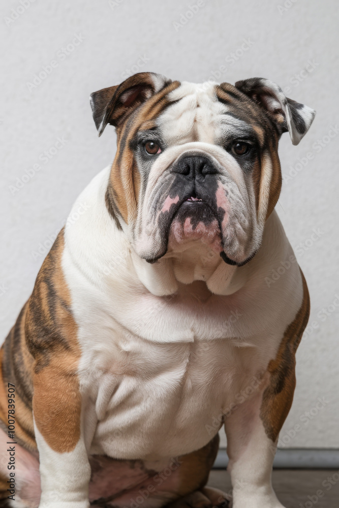 A serious-looking bulldog with a wrinkled face and tricolor coat. A serious-looking bulldog with a wrinkled face and tricolor coat.