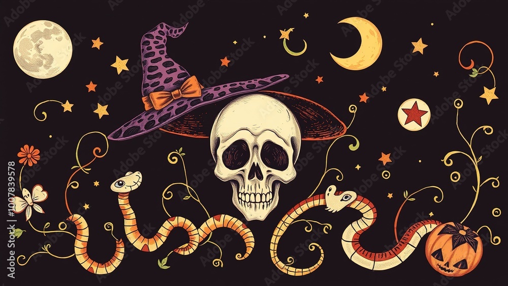 Delicately hand-drawn doodles feature a whimsical witch hat, serene skull, and playful snakes amidst swirling vines, stars, and moons, creating a festive Halloween atmosphere. Delicately hand-drawn doodles feature a whimsical witch hat, serene skull, and playful snakes amidst swirling vines, stars, and moons, creating a festive Halloween atmosphere.