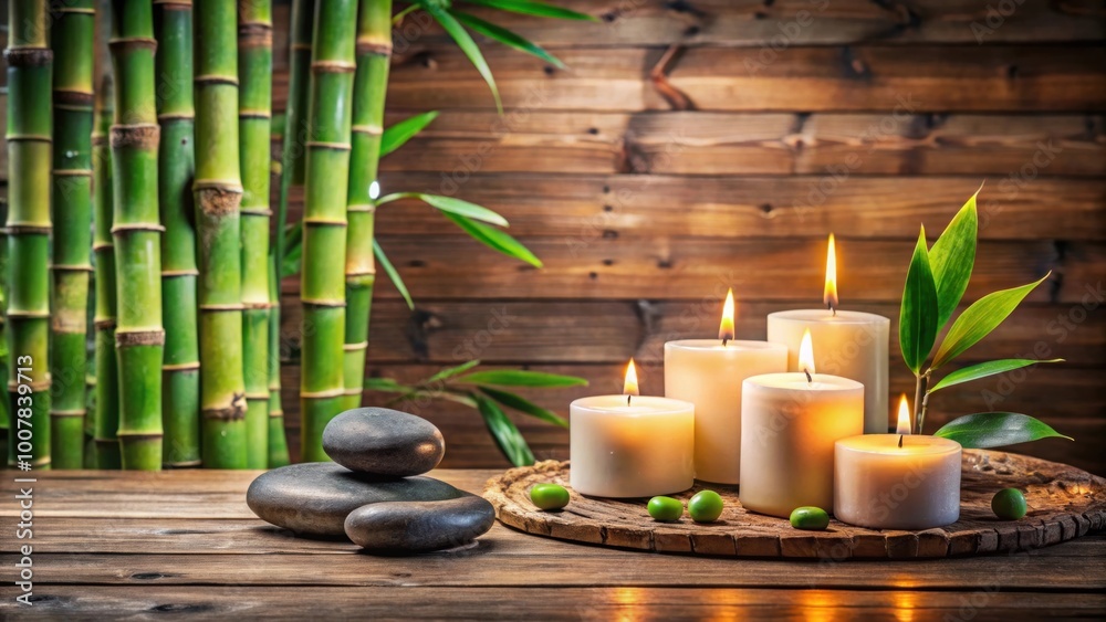 Relaxing spa setting with candles, bamboo, and stones on wooden surface, spa, relaxation, serenity, calm, candles, bamboo
